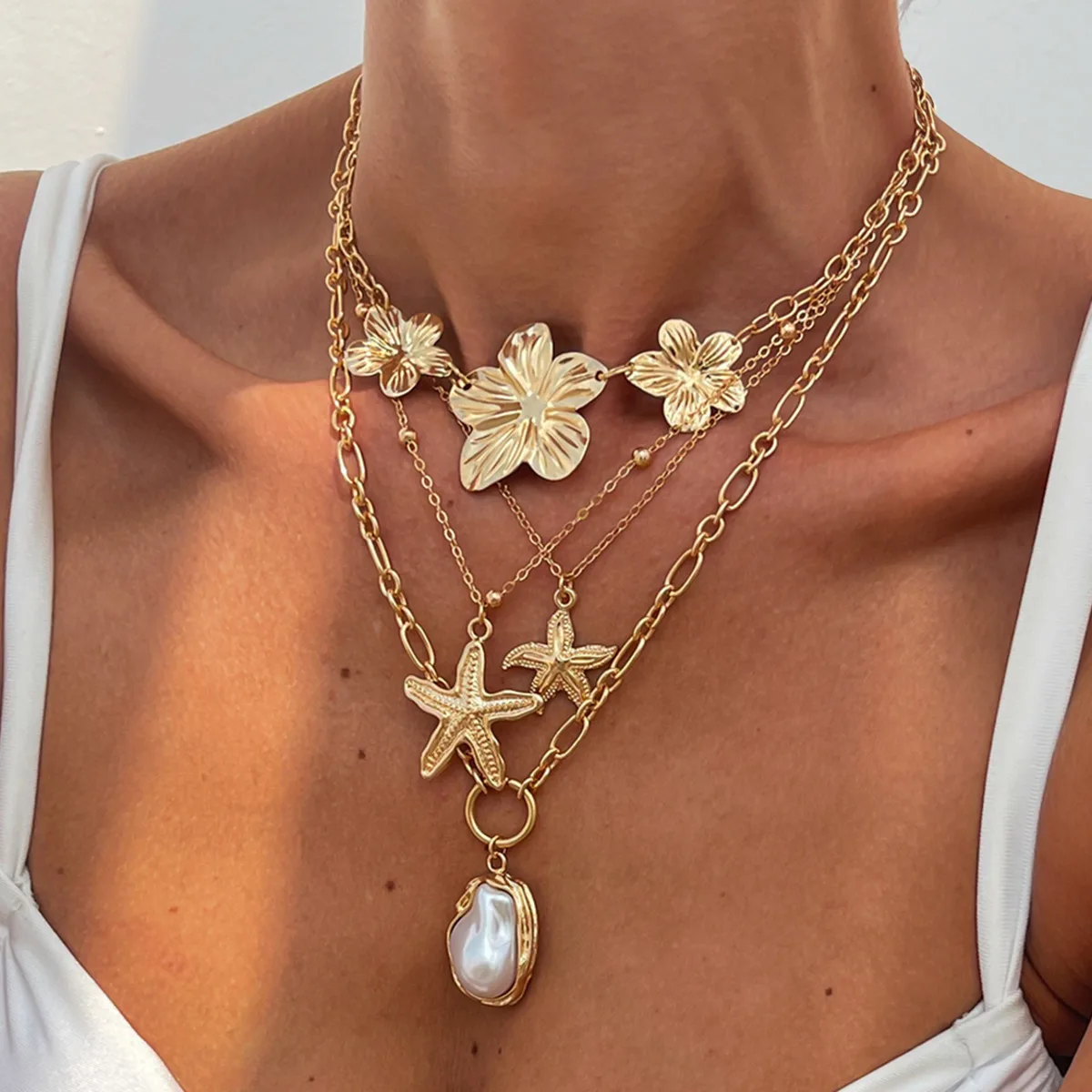 Ingemark Boho-Halskette mit Seestern-Blumen-Anhänger für Damen, Trend 2025, einfache Brustkette, Halskette, Sommer-Hals-Schmuck, Geschenk