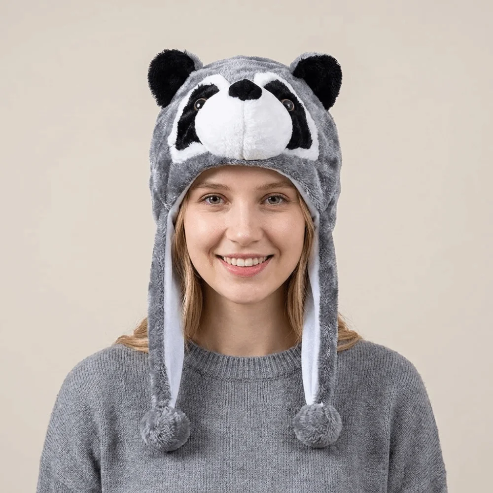 Kawaii Panda Animal Earflap Cap Pig Elephant Plush Beanies 3D Tiger Ear Protection Hat Gifts