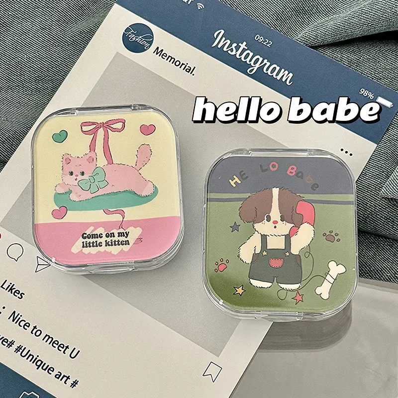 Retro Cartoon Dog Lens Container Women Cute Contacts Lens Case Men Color Contact Lenses Storage Box Portable Travel Set