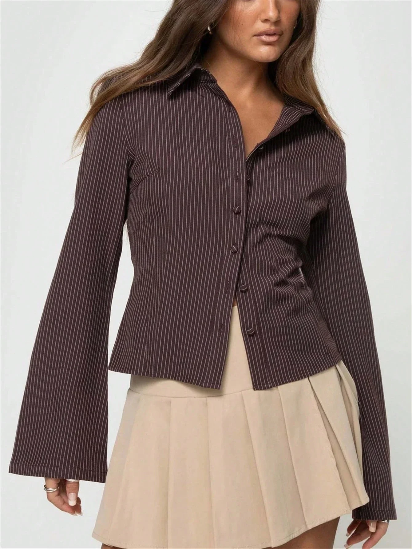 

Винтажная полосатая коричневая рубашка на пуговицах с расклешенными рукавами для женщин, повседневная, элегантная, весна-лето