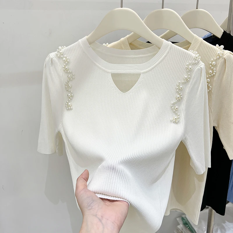 Summer Short Sleeve Knit Sweater Women Pullover Blusas Mujer De Moda 2024 Verano Beading O-Neck Knitted Women Sweater Tops G482