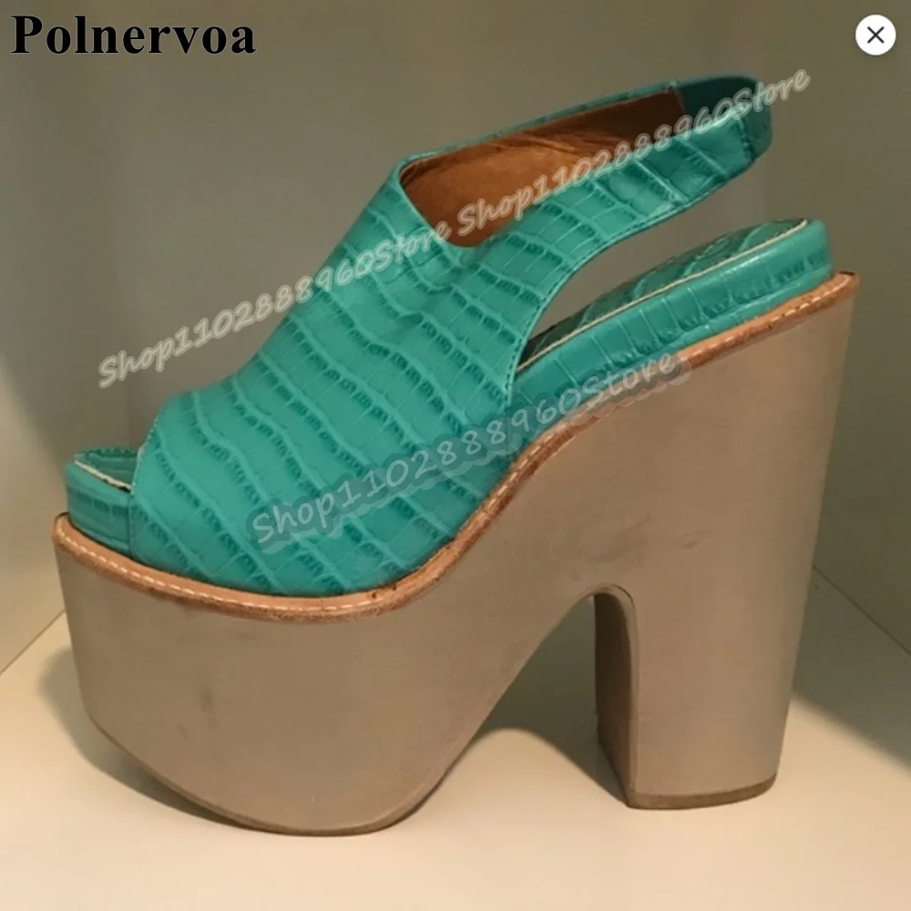 

Western Green Leather Platform Slingback Sandals Thick Heel Shoes For Women Back Strap Peep Toe Casual Occidental Party Sandals