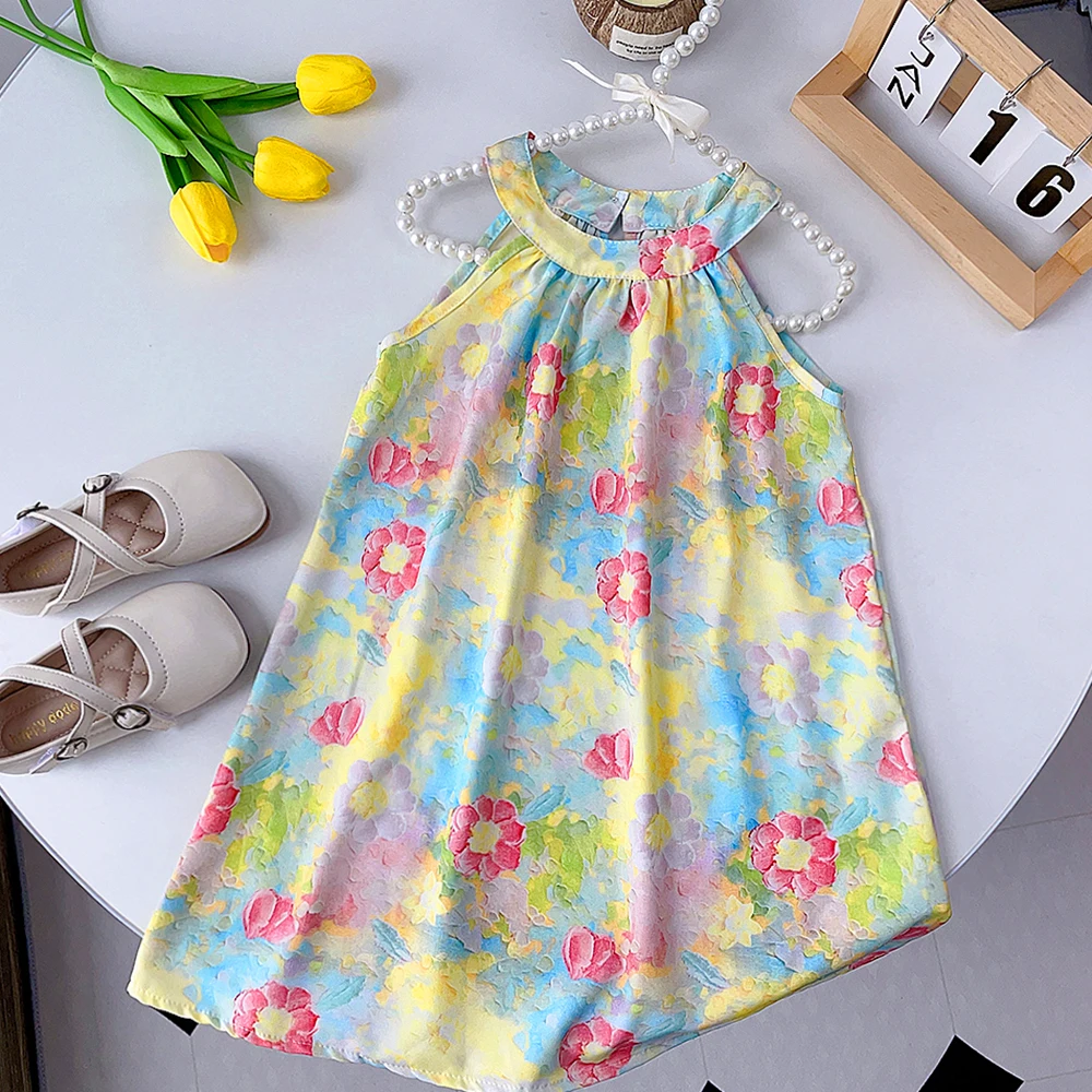 Bear Leader 2023 Girls\' Dress Summer New Children\'s Fashion Oil Painting Dress Girls Baby Flower Print Sleeveless Tank Top Dress