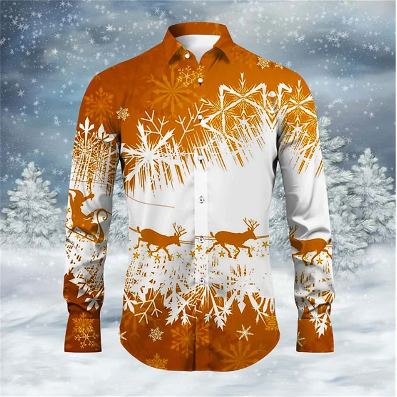 2024 Fashionable Casual Men's Shirt Lapel Long Sleeve Elk Fireworks Colorful Clear Pattern Soft And Comfortable Men's Tops