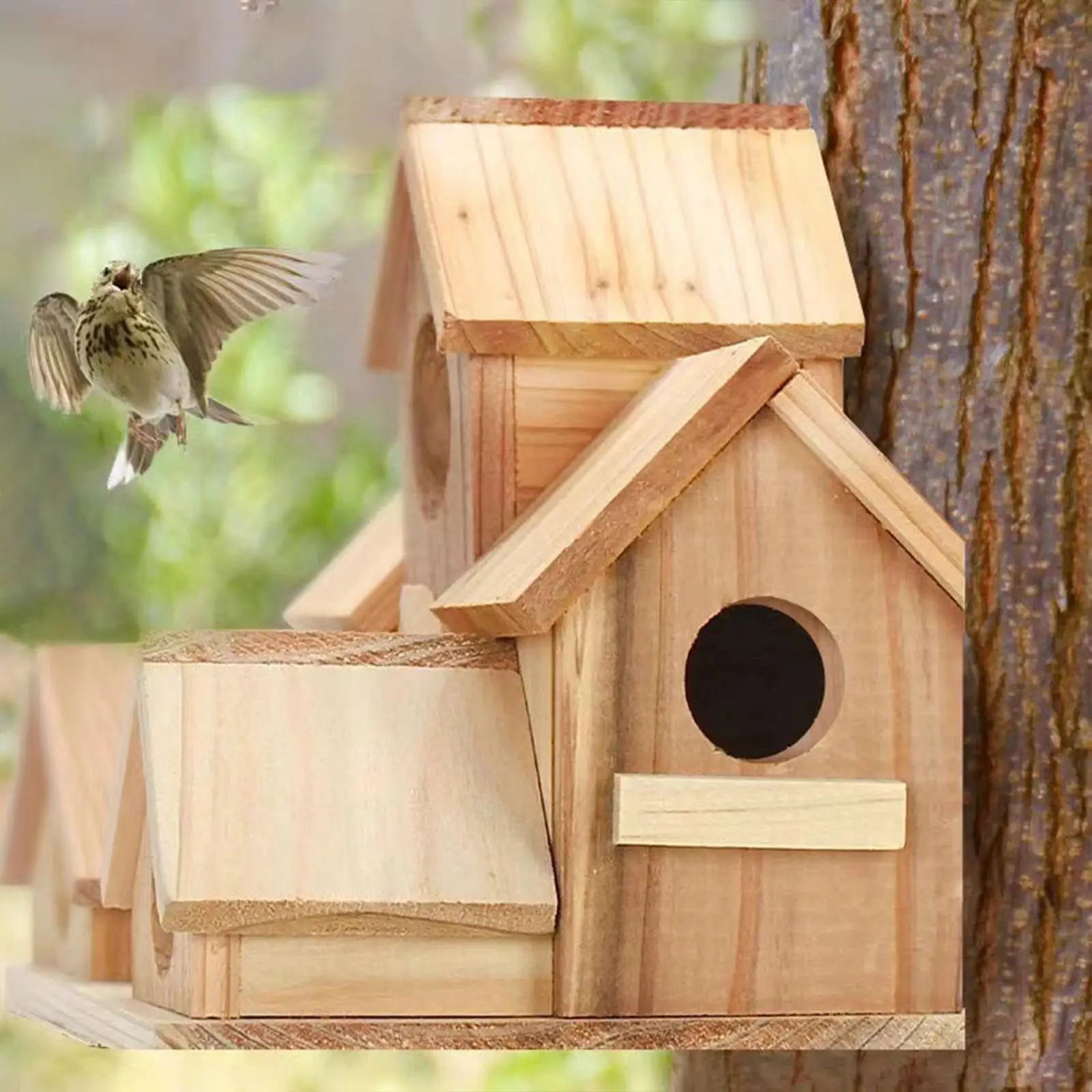 Cabaña colgante con nido de colibrí, casa de madera para pájaros para Robins de jardín Blue Jays