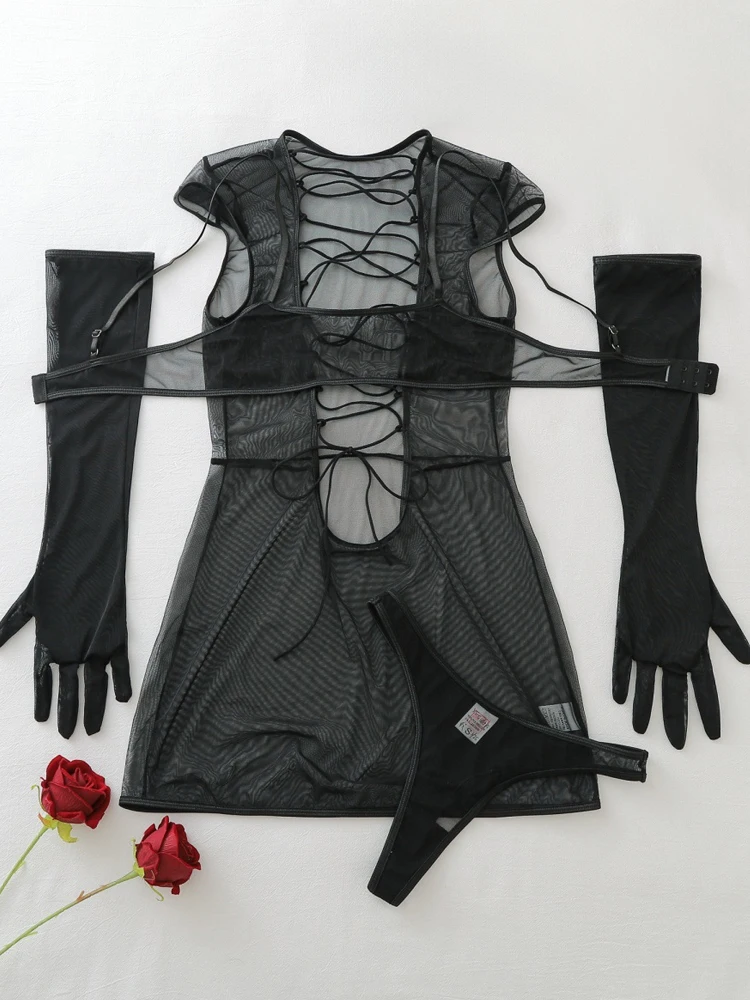 Belamimi See Through Mesh Lingerie Set Cross Tie Hollow Out Bodysuit With Gloves Sexy Club Stage Performance Outfit