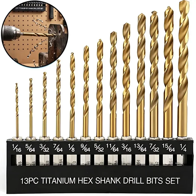 13-teiliges HSS-Bohrer-Set aus Titan-beschichtetem Schnellarbeitsstahl mit 1/4-Zoll-Sechskantschaft, 1,5-6,5 mm, Titan-beschichteter Spiralbohrer mit Sechskantgriff