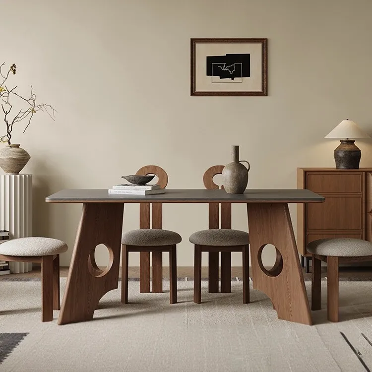 Household small apartment ash wood walnut modern simple rectangular dining table and chairs