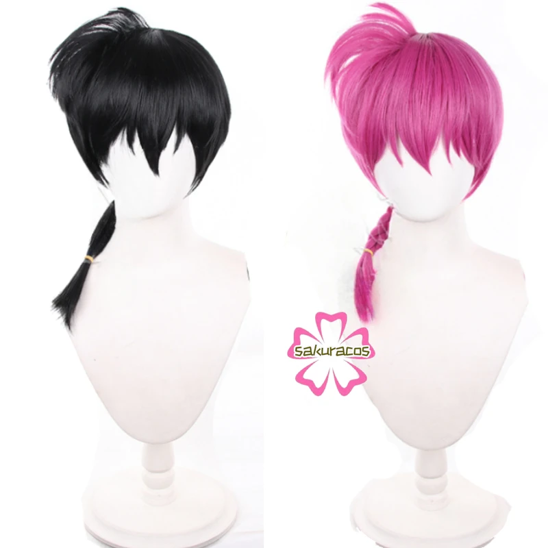 Ranma Saotome Wig Anime Ranma 1/2 Cosplay Black Pink Short Hair with Ponytail Halloween Costume Party Role Play Wigs + Wig Cap