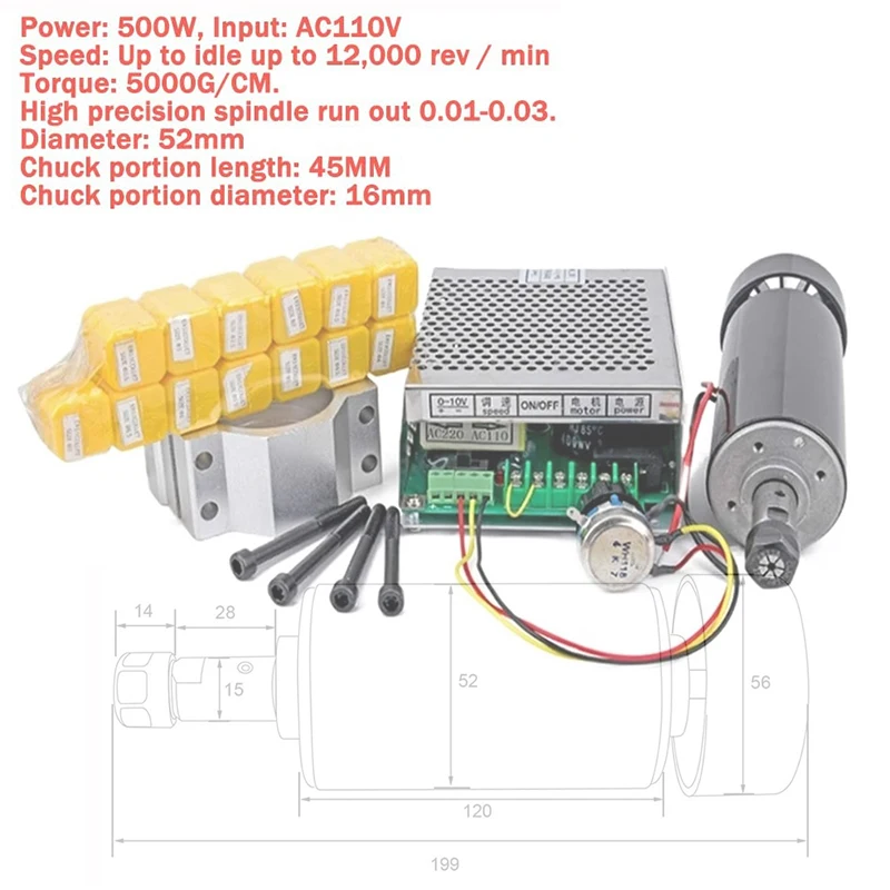 Dobtian CNC Spindle, CNC Spindle Motor 0.5kw Air Cooled Spindel ER11 Chuck 500W + 52mm Clamp + Power Supply Speed Governor