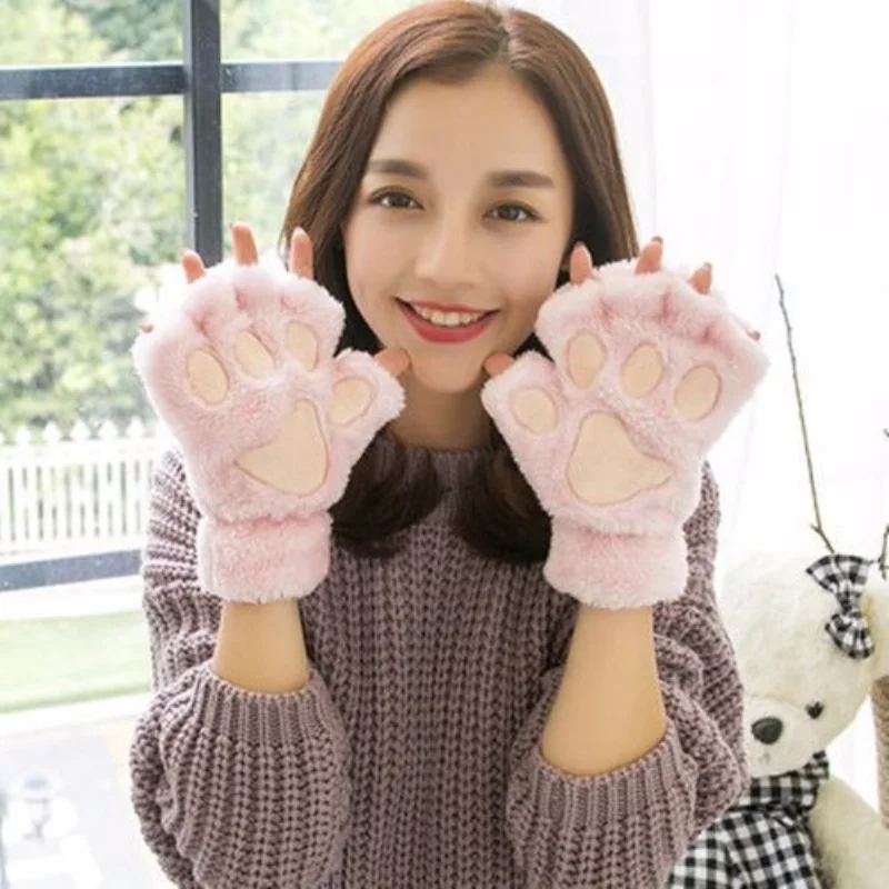 Schöne Katze Klaue Frauen Handschuhe Mode Mädchen flauschige Plüsch handschuhe warme weiche Plüsch kurze finger lose Halb finger Winter handschuhe