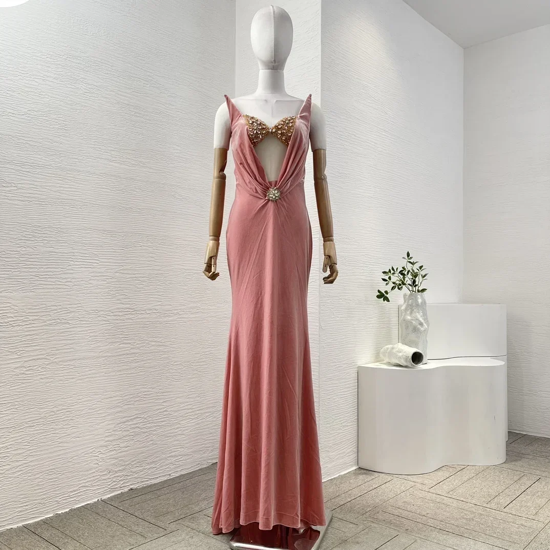 2024 New Hotsweet Hollow Sexy Beauty Pink Diaonds Cut Out Pleat Maxi Dress dla kobiet