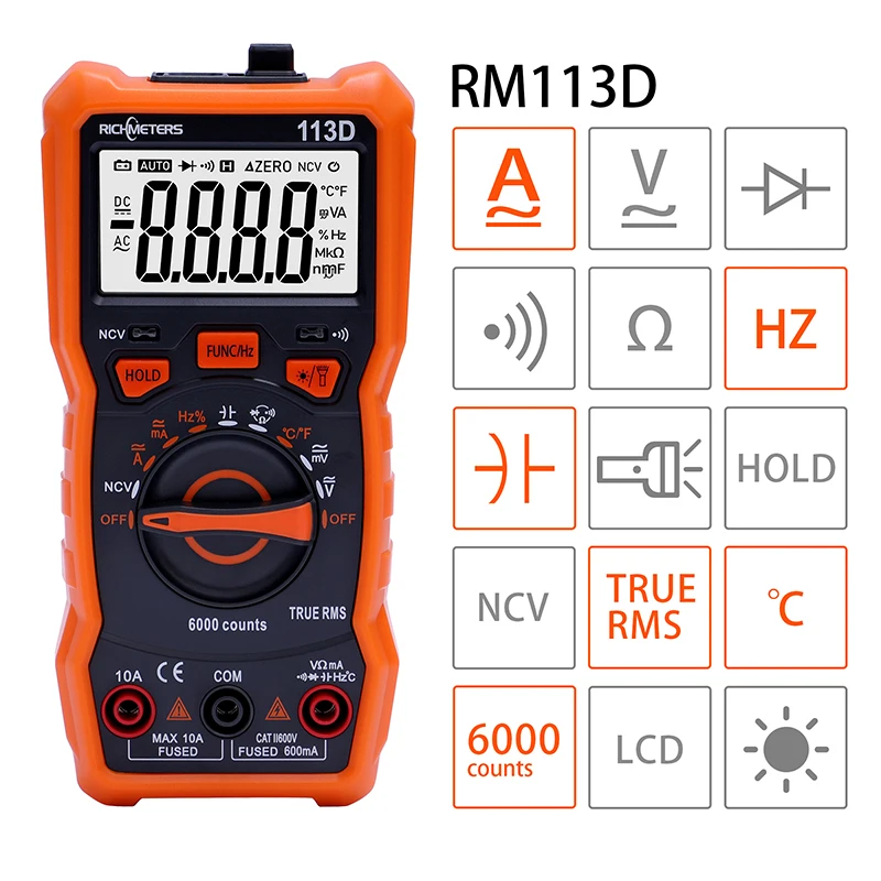 RICHMETERS RM113D Multimetr cyfrowy NCV 6000 zliczeń Automatyczny zakres Miernik napięcia AC/DC Lampa błyskowa Duży ekran