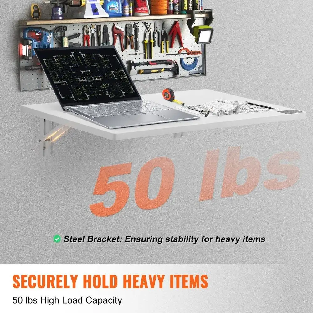 طاولة قابلة للطي مثبتة على الحائط مقاس 23.62 × 15.75 مكتب عائم مع تصميم أوراق قطرة للمنزل والمكتب وتناول الطعام والمطبخ باللون الأبيض