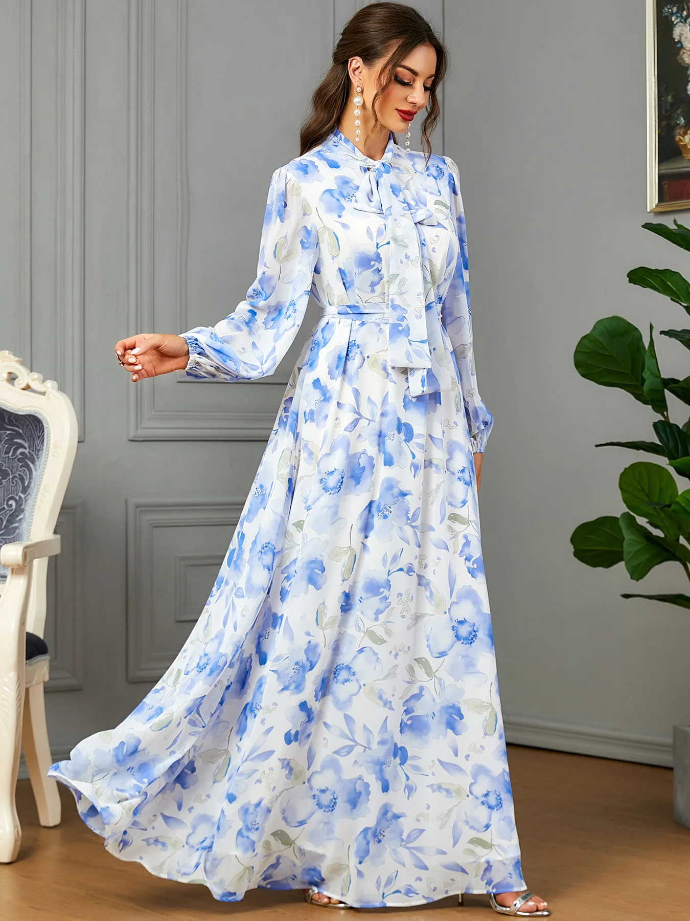 Women\'s Floral Print Maxi Dress, Tie Neck, Long Sleeves, Modest Muslim Abaya Hijabi Robe, Islamic Clothing, Party, Ramadan Eid