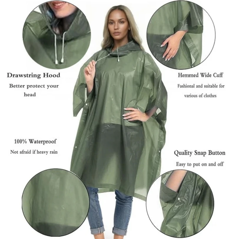 Reusable Raincoat with Drawstring Hood Waterproof Thicken Poncho for Adults Outdoor Hiking  Rain Coat Travel Bicycle Ponchos - view 3