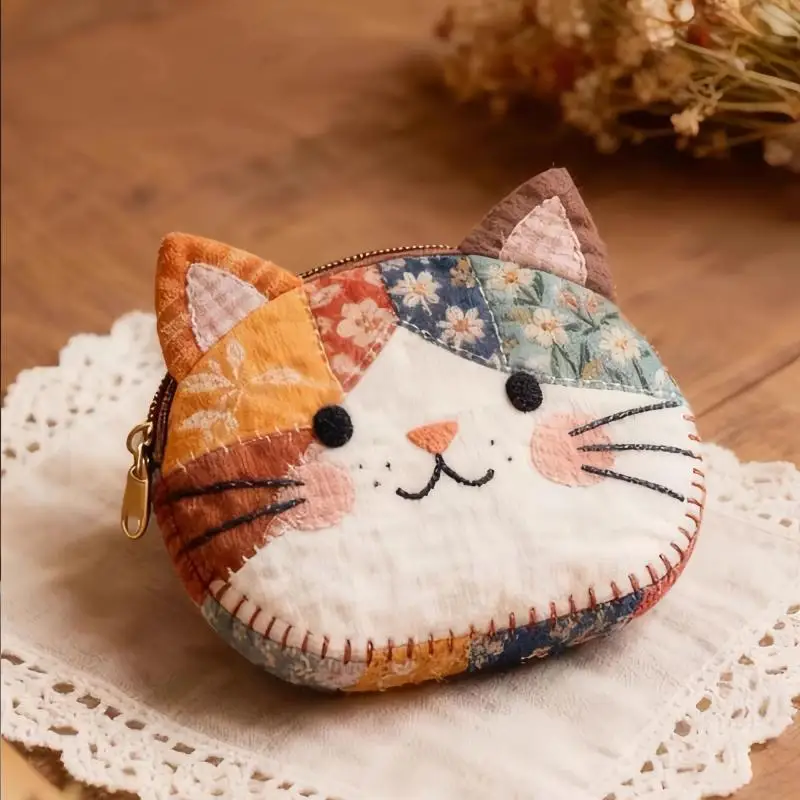 Cat-Shaped Coin Purse Handmade Patchwork Soft Cotton Lovely Small Pouch Perfect Gift for Girls Lipstick Storage
