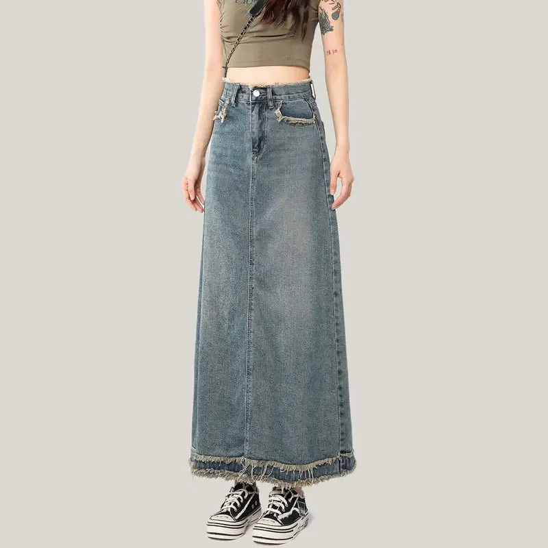 Women\'s Denim Skirt with Front Slit Maxi Long Blue Stylish Casual Plain Tall Girl Floor Jeans Summer