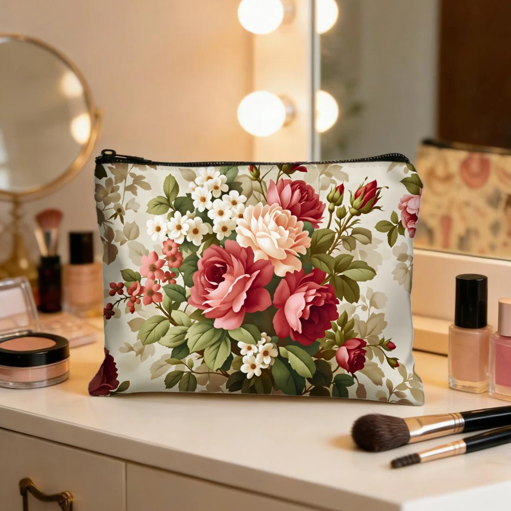 Floral Rose Pattern Print Design Makeup Bags for Girls Cosmetic Pouch Toiletry Bag Pencil Case Travel Storage