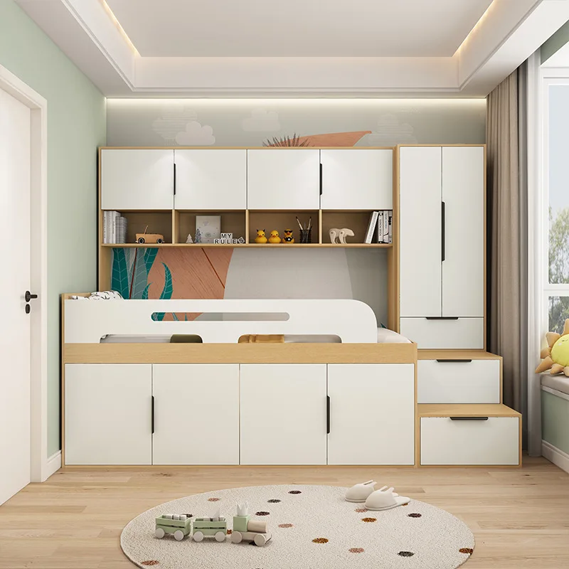 

Space-Saving Children's Half Stair Bed with Wall Wardrobe and High Combination Bed Log Tatami Bed Cabinet for Bedroom