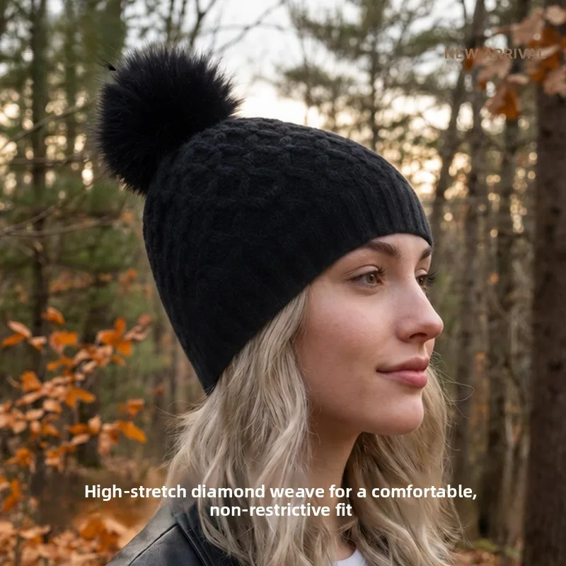European and American New Rhombus Hairball Knitted Hat Versatile Rhombus Thickened Velvet Ear Protector Wool Hat Women