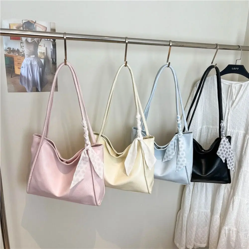 Fashion Wrinkle PU Tote Bag Thin Single Strap Floral Print Shoulder Purse Bow Decor Underarm Bag For Women