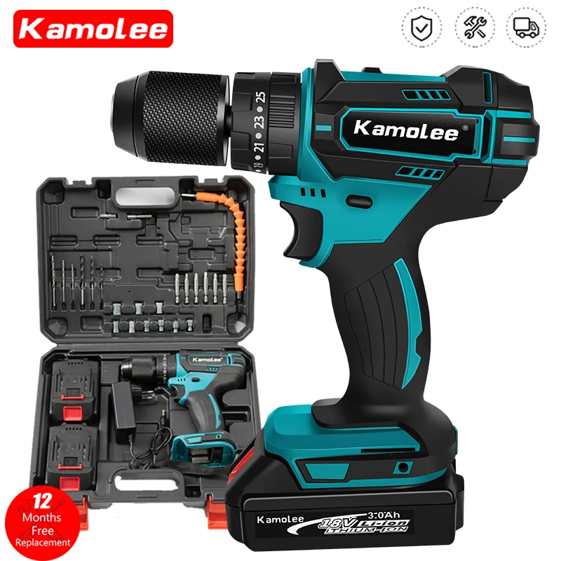 Kamolee 브러시드 무선 전기 임팩트 드릴, 가정용 DIY 전동 공구, Makita 18V 배터리, 13mm