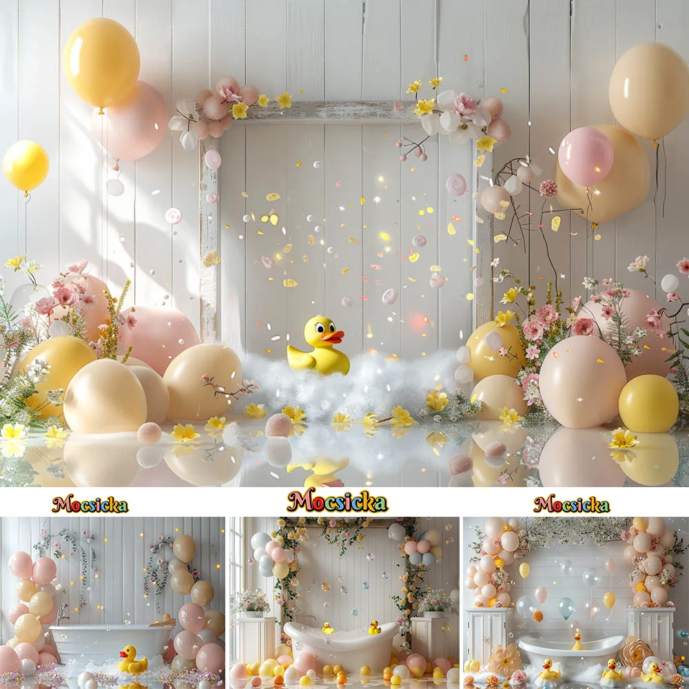 Child Birthday Studio Background  Little Yellow Duck Baby Cake Smash Backdrop Bathroom Bubble Balloon Flower Decor Girls Photo