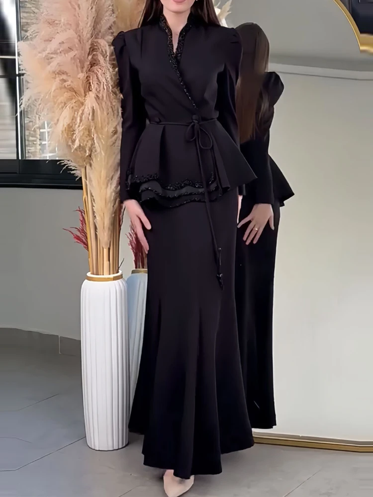 Women's Casual Party Outfit Fashion O-neck Long Sleeved Lace Up Coat 2 Piece Set Autumn New Office High Waisted Hafl Skirt Suit