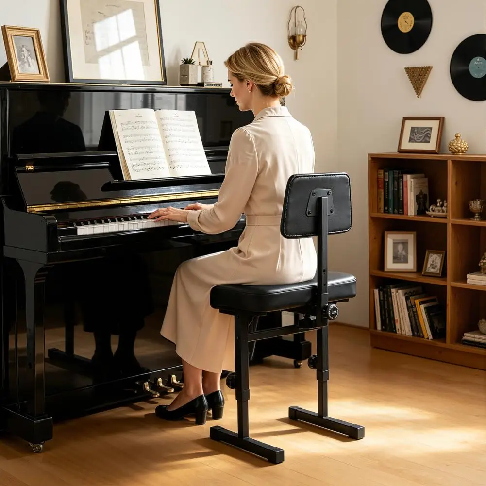 H-Style Padded Piano Bench, Height Adjustable Keyboard Seat With Backrest For Kids Adults