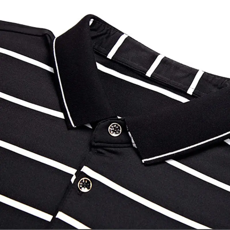 Korean High-end Pure Cotton Long Sleeved PoloT Shirt Slim Lapel Button Business Casual Black and White Striped High Elastic Top