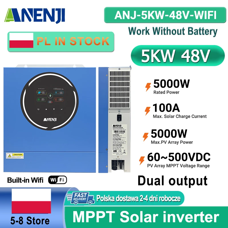 

ANENJI 5 кВт 48 В гибридный солнечный инвертор с двойным выходом 100 А MPPT чистая синусоида солнечный контроллер с двойным входом PV 500 В постоянного тока с Wi-Fi