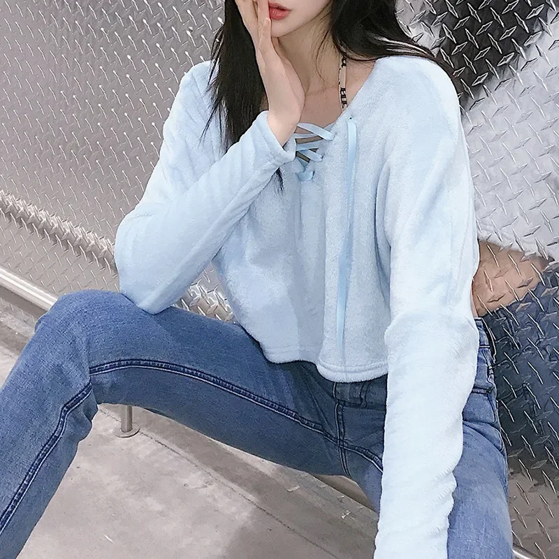 2024 Winter Fashion Light Blue Long Sleeve Loose Strapless Top New Loose Strap Plush Sweater Ladies Casual All-match Top