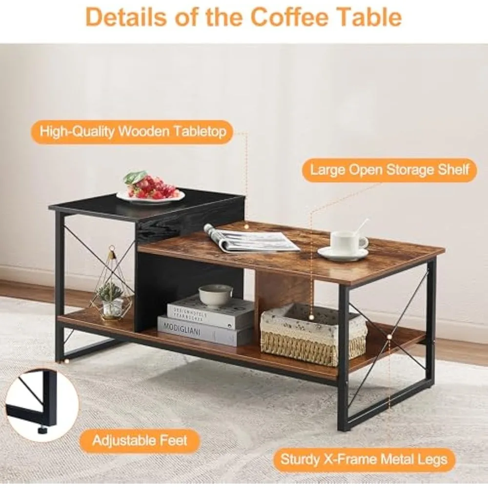 Mesa de centro preta de 2 camadas de madeira vecelo com prateleira de armazenamento para recepção de sala/escritório, estrutura de metal e tampo de madeira, moderna