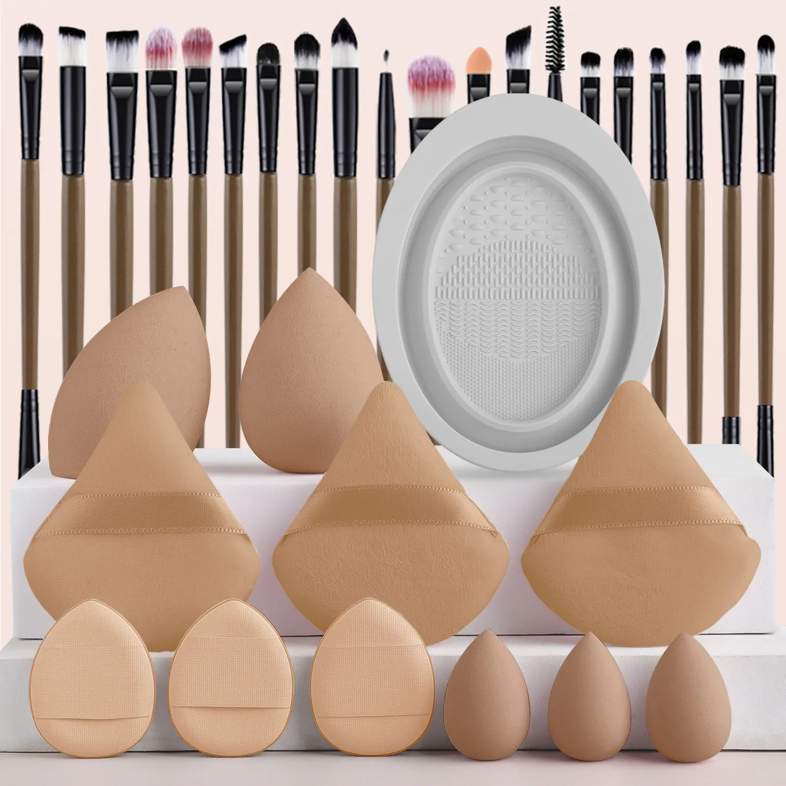 

32pcs Makeup Beauty Tool Set &1pc Oval Washing Bowl & 5pcs Beauty Egg & 3pcs Scalloped Powder Puff 3pcs Thumb Air Cushion