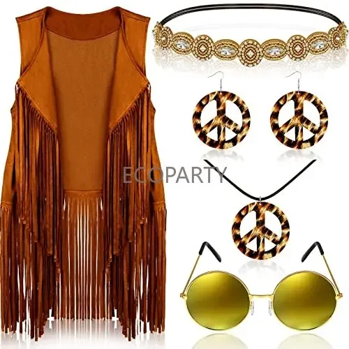 6 Pcs 60s 70s Hippie Costume for Women Peace Sign Earring Necklace Headband Fringe Vest Tassel Cardiga Disfraz Halloween Mujer