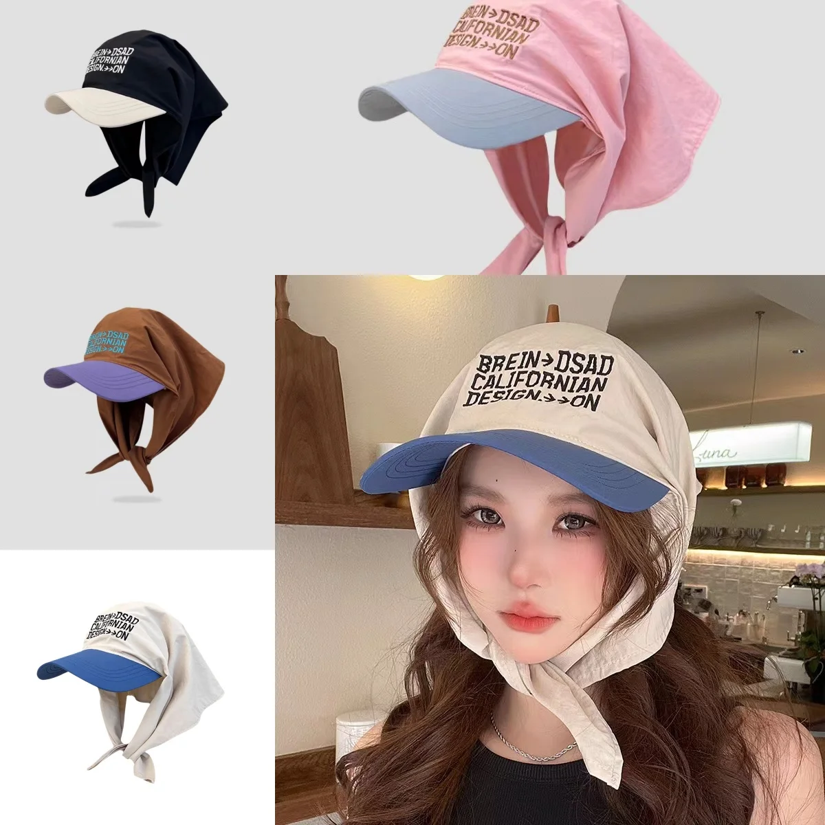 Koreanische Mode Damen Baumwoll-Kopftuch Schal Visor-Hut Breiter Rand Sonnenhut Weiblicher Sommer Strand UV-Schutz Strandhüte 2026