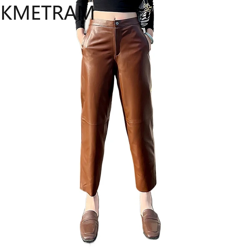 

KMETRAM 100% Top Layer of Sheepskin Women Pants 2025 Autumn High Waisted Pants Genuine Leather Harem Trousers Woman Clothes 바지