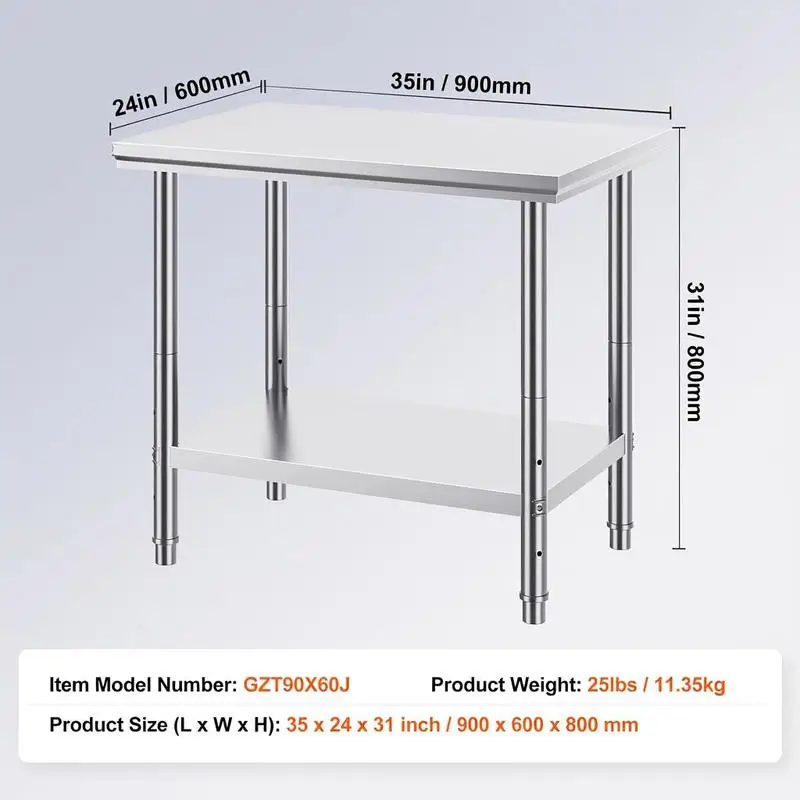 Metal Workstation 900x600x800 Mm for Kitchen Garage Restaurant, 700 Lbs Load Capacity Heavy Duty Adjustable Height Levels Commercial Prep Table - view 7