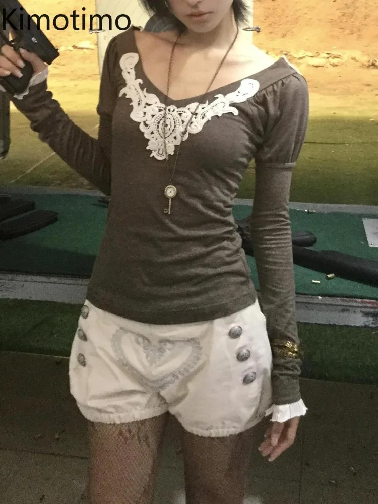 

Kimotimo Vintage Patchwork Lace Long Sleeve T-shirts Women Autumn Y2k Aesthetuc Slim Waist Bottom Tops Harajuku Design Chic Tees