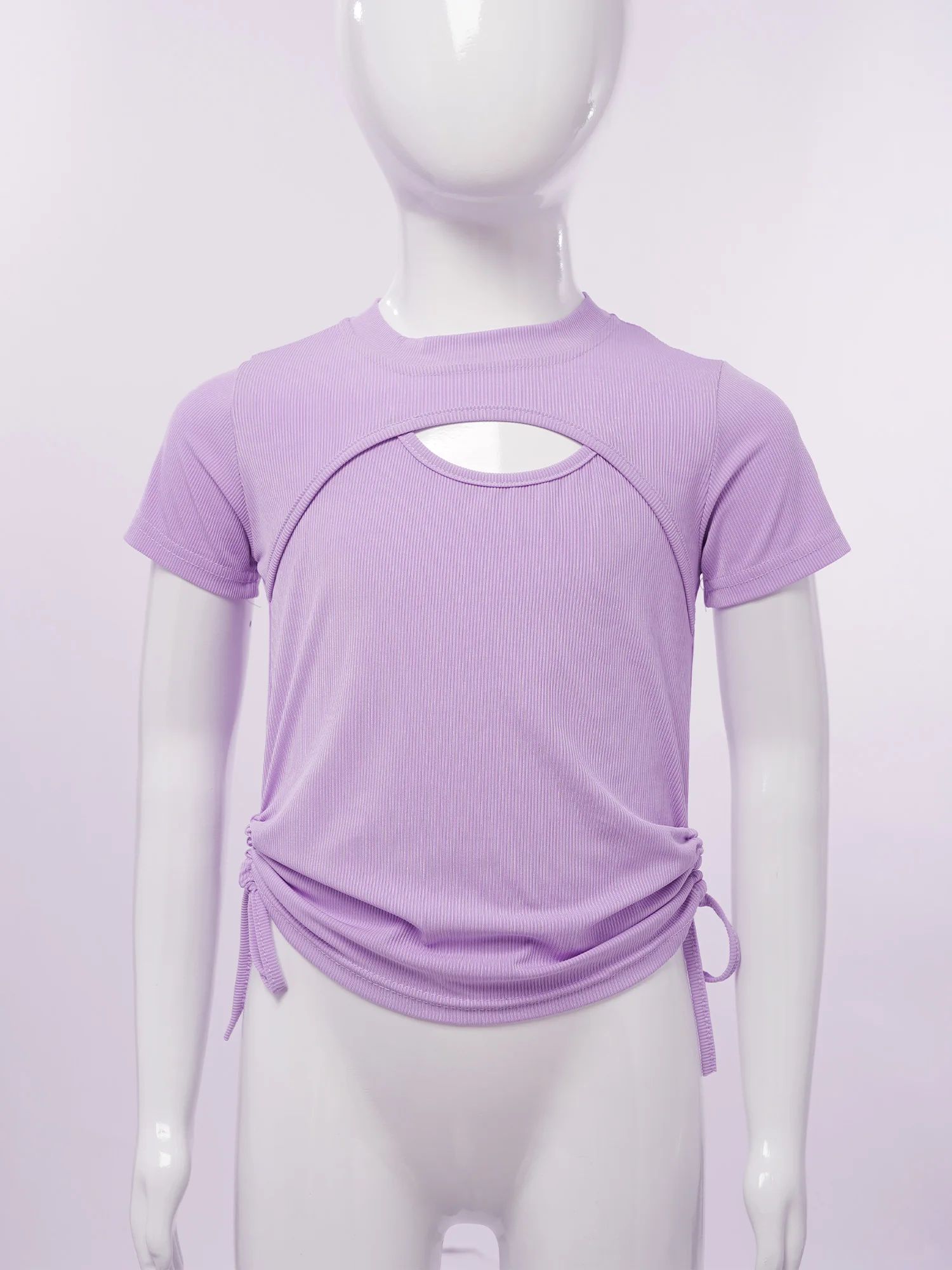 

Kids Girls Summer T-shirt Fashionable Solid Colour Drawstring Cutout Tee Top Casual Short Sleeve Ribbed Shirts Pullover Top