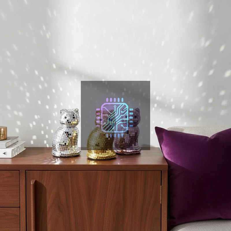 Cute Cat Disco Ball Sculpture Creative Sparkling Mirror Reflective Ornament for Home Party New Year Decor Gift