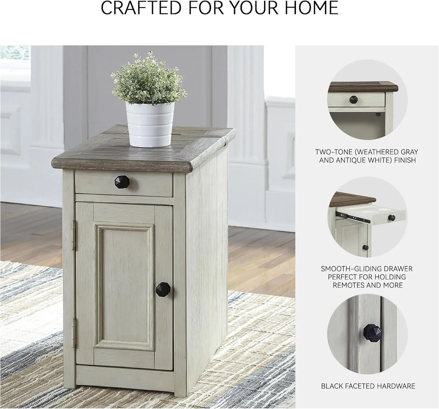 โต๊ะข้างเก้าอี้บ้านไร่โบลันเบิร์ก, พอร์ต USB 2 ช่อง, ถาดแบบดึงออกได้, ไม้, 14 นิ้ว กว้าง x 24.25 นิ้ว ลึก x 23 นิ้ว สูง, สีครีมโบราณและสีน้ำตาล