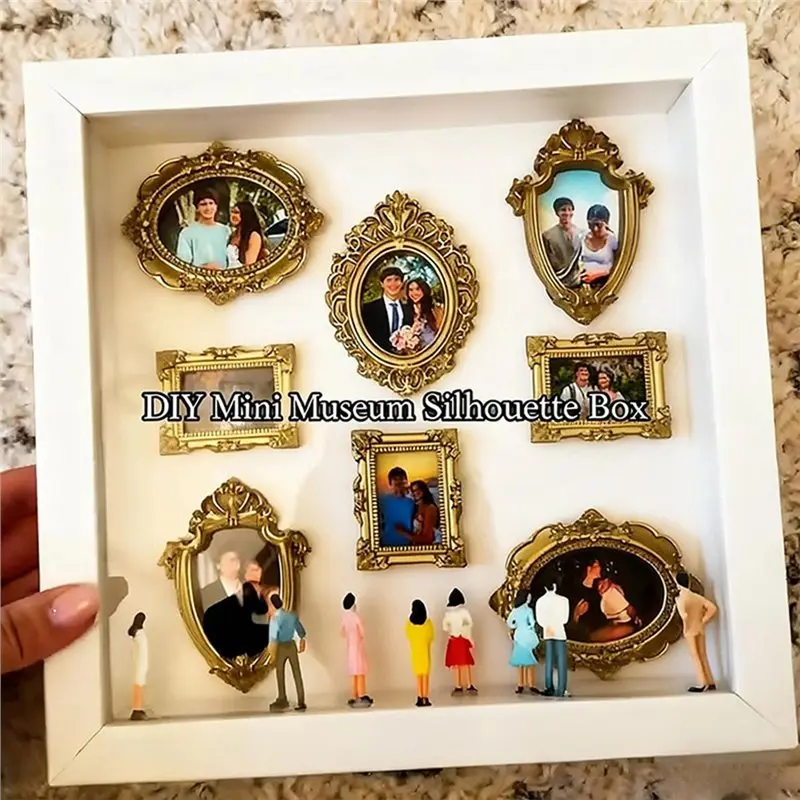 AA73 DIY Mini Museum Silhouette Box Memory Display With Mini Figurines Frames With Light For Anniversary Wedding Gift Black