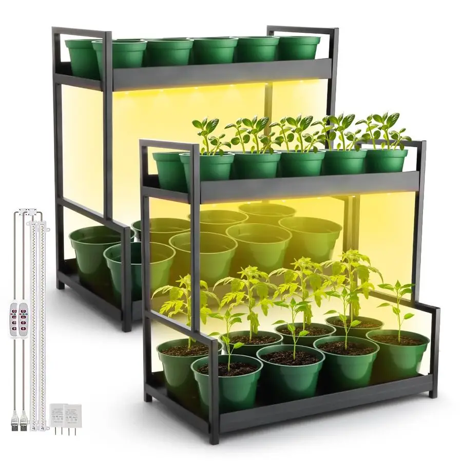 

Двухуровневая подставка для растений с фитолампой и зелеными пластиковыми горшками для рассады, набор для домашнего садоводства для трав, суккулентов, и т.д.