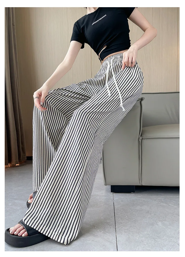 

Весенне-летний дизайн, двухцветные полосатые свободные широкие брюки с высокой талией, удобные тонкие повседневные прогулочные брюки в ленивом стиле