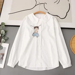 One Size Womens Cotton Long Sleeve Blouse Girls Japan Fashion Cartoon Girl Embroidered White Shirts Fall Cute Clothes
