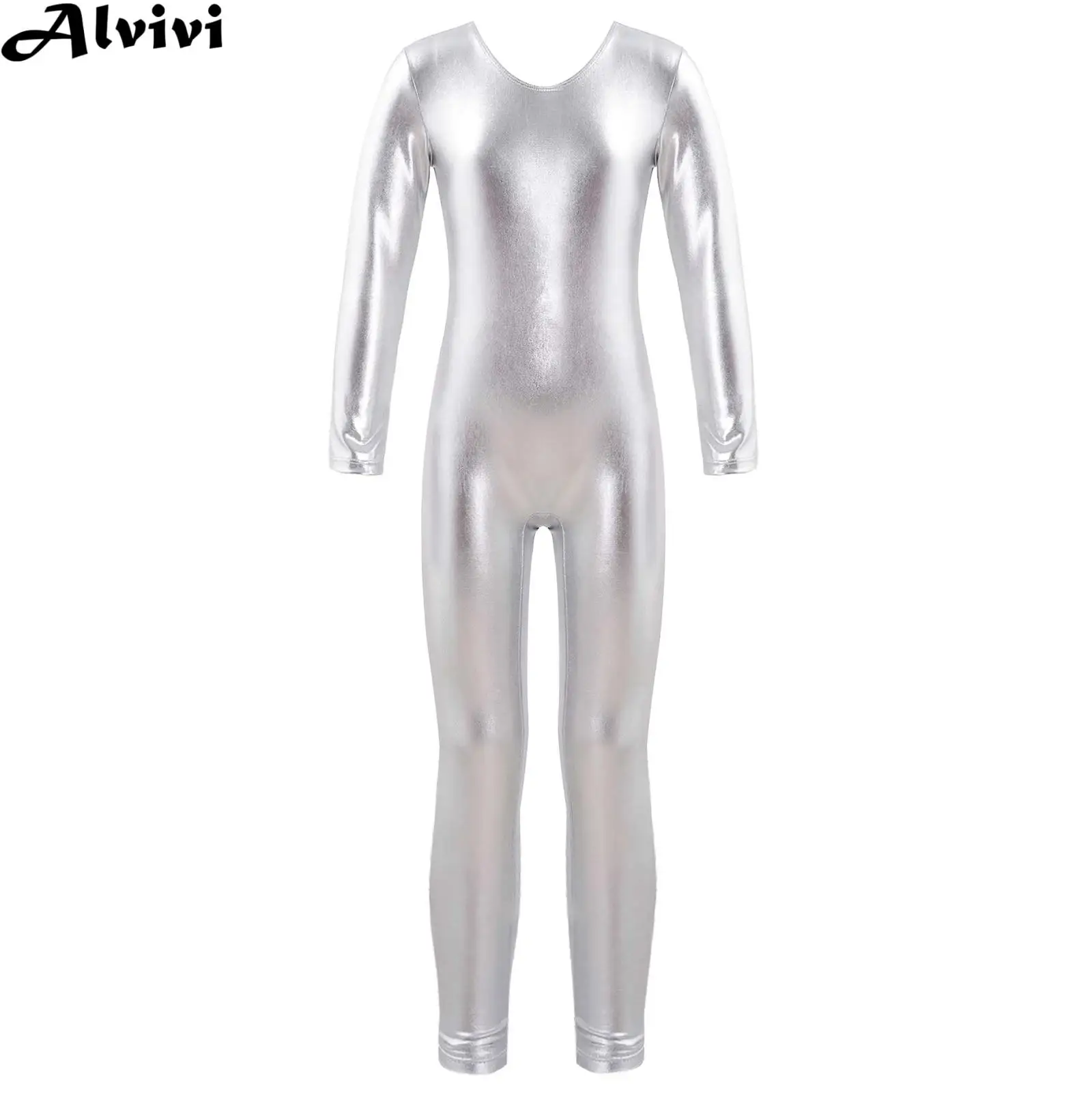 Kids Girls Ballet Dance Leotard Gymnastics Yoga Acrobatics Stage Performance Bodysuit Long Sleeve Zipper Bronzing Cloth Jumpsuit