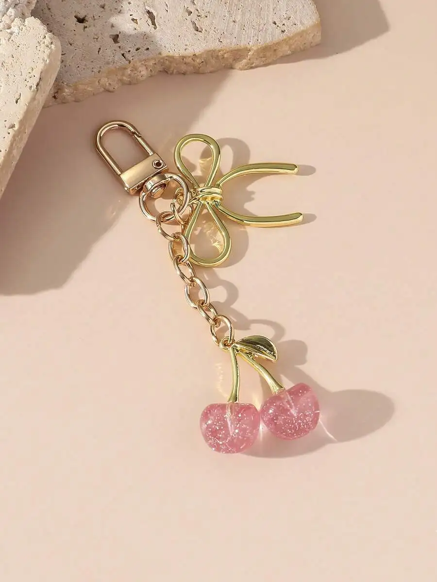 Unisex Pink Cherry Bow Keychain Bag Pendant