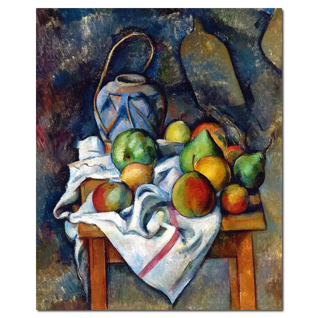 

Still Life Canvas Art Paul Cezanne Oil Painting Ginger Jar and Fruit Hand Painted Modern Artwork for Kitchen Dining Room Decor